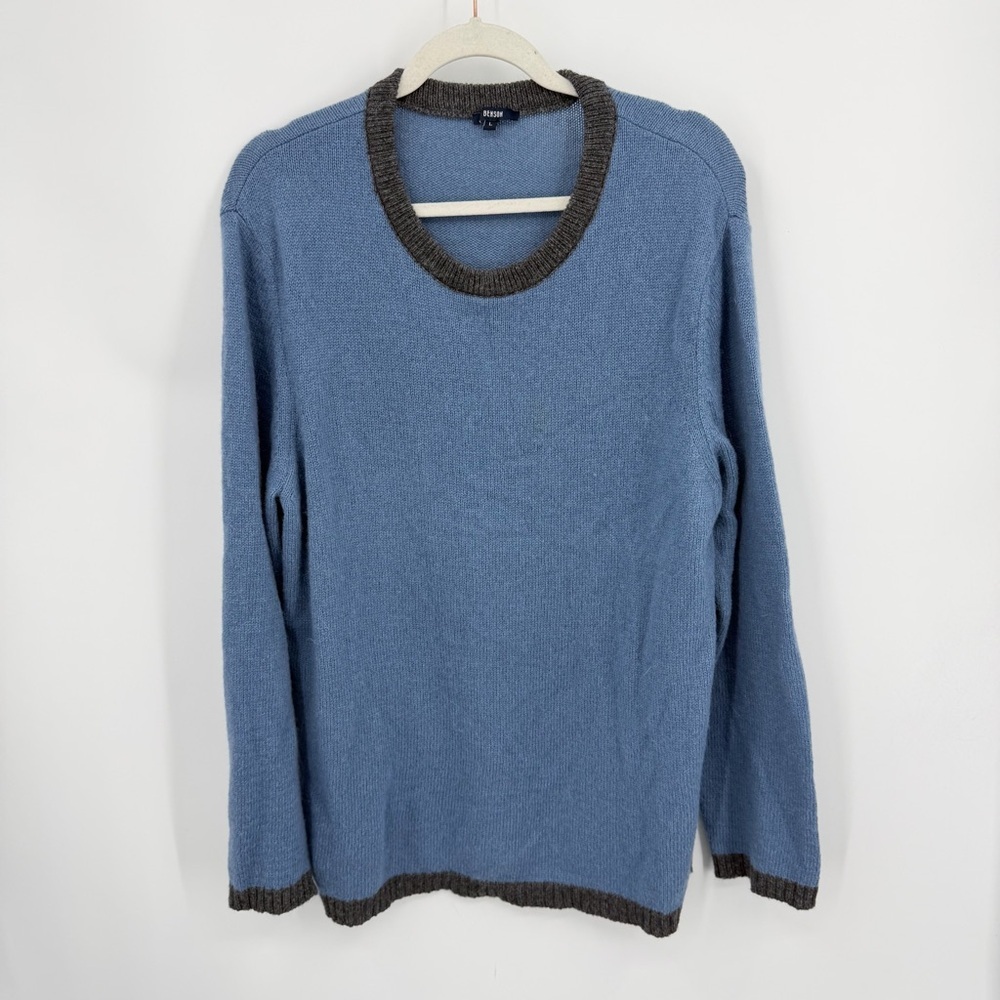 Benson Sweater‎ sz L Large blue with gray trim Alpaca blend